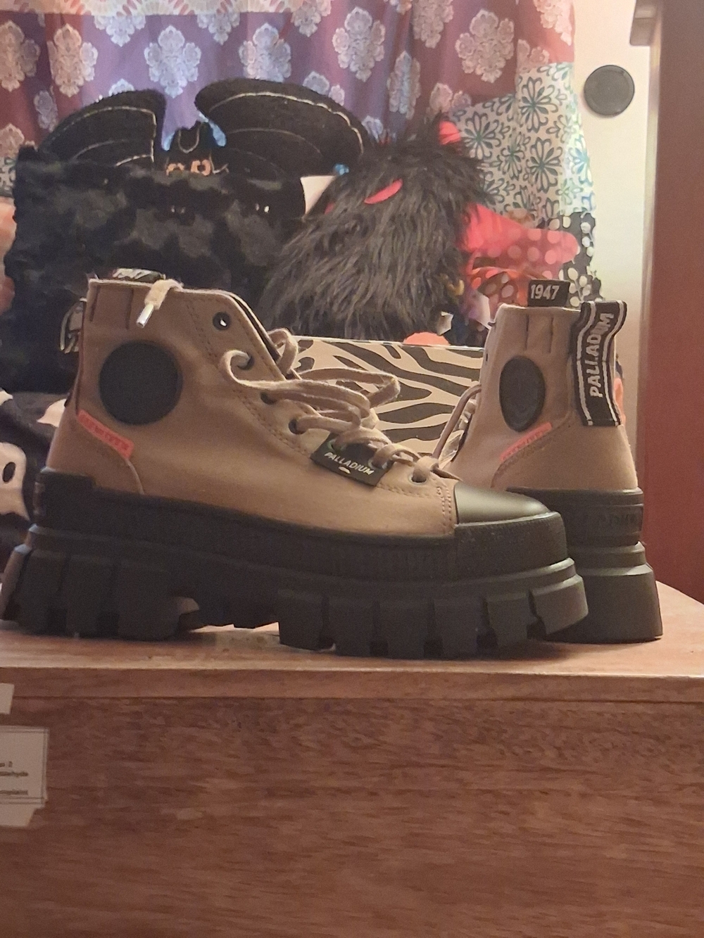 Palladium Tan Canvas Platform Combat Boots with Black Lug Sole